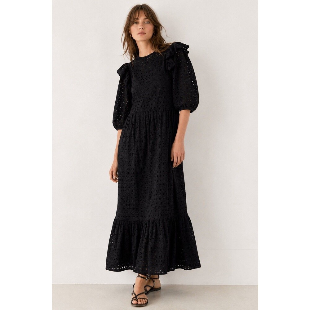 Mango Black Eyelet Maxi Dress Puff Sleeve Ruffle Tiered Openwork Size 4
